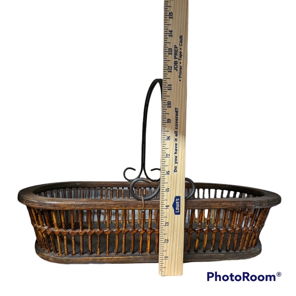 Vnt Wood Basket 19.5”x 8.5”x 4.5" Metal Handle Dark Brown Farmcore Rustic - Picture 5 of 9